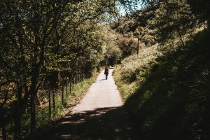 Woman walking a wooded path alone